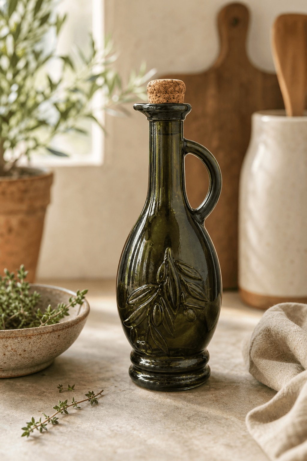 Bouteille d'huile d'olive en verre — mise en scène lifestyle