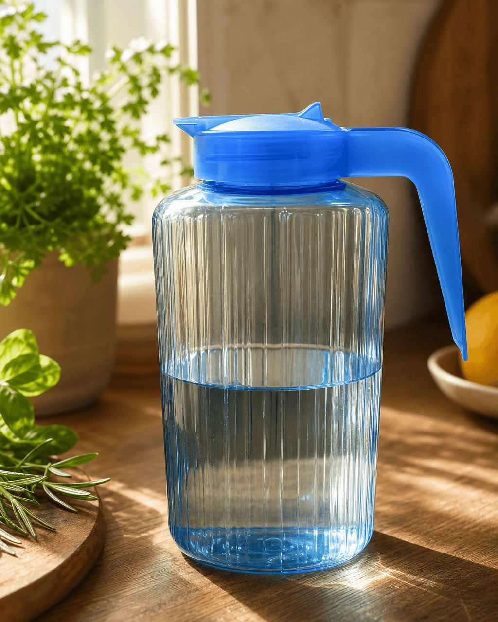 Carafe à eau bleue — photo produit lumineuse