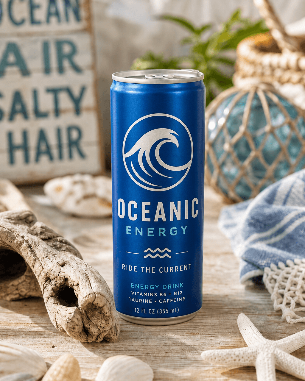 Canette de boisson énergisante — mise en scène bord de mer